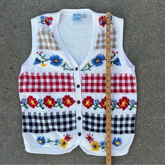 Vintage 90s Russ White Primary Color Floral Knit Herringbone Check Sweater Vest - Picture 6 of 6